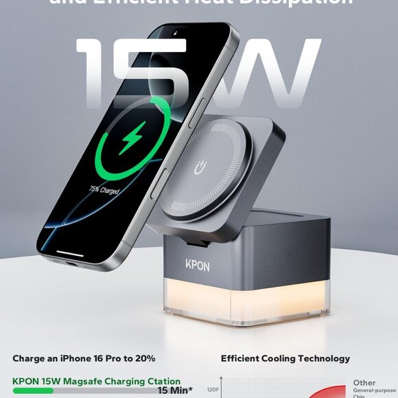 KPON iPhone Nightstand Charging 3 in 1 Wireless Phone Stand w Night Lamp Magsafe - Picture 2 of 6